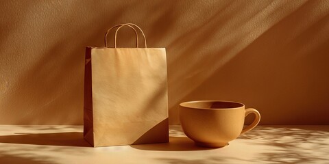 Eco-Friendly Shopping Moment: A minimalist setup shows a brown paper shopping bag and a ceramic mug bathed in warm, soft light. Perfect for showcasing eco-conscious choices and simple, natural living.