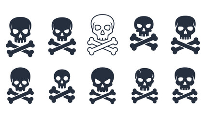Collection of Skull and Crossbones Icons Representing Danger, Death, and Piracy