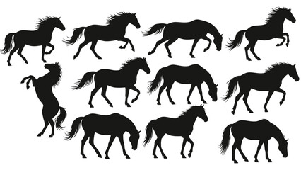 Collection of Horse Silhouettes Displayed in Various Poses Running, Rearing, Grazing, and Standing