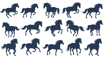 Dynamic silhouettes of horses in motion, showcasing various poses and gaits, capturing the spirit of equine freedom and power