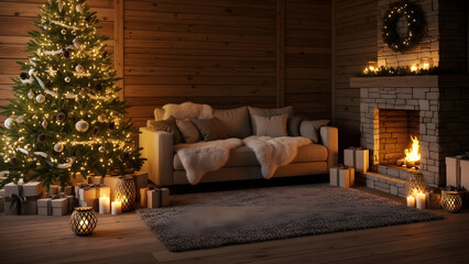 Obraz premium Cozy christmas living room interior with decorated tree and fireplace