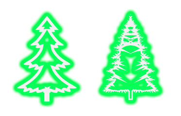 Fototapeta premium Two stylized neon green Christmas tree icons isolated on a black background perfect for holiday design
