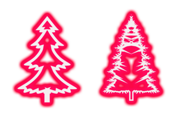 Two stylized graphic representations of a Christmas tree shape glowing bright pink with white outlines