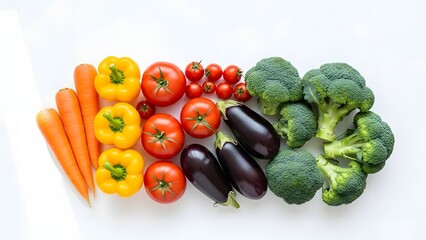 A vibrant array of fresh, colorful vegetables including carrots, bell peppers, tomatoes, eggplants, and broccoli, neatly arranged on a white background.