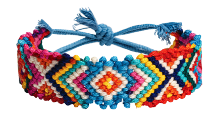 Colorful handmade friendship bracelet with vibrant woven patterns isolated in high resolution png style and transparent background feel, detailed accessory cutout ideal for craft designs, stickers