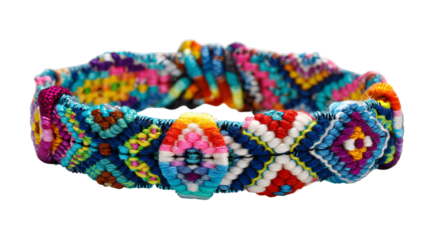 Colorful handmade friendship bracelet with vibrant woven patterns isolated in high resolution png style and transparent background feel, detailed accessory cutout ideal for craft designs, stickers