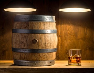 Wooden barrel with drink glass illuminated by warm overhead lights