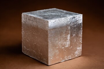 Sparkling Silver Cube with Glittering Texture Standing on Mottled Brown Surface in Studio Lighting for Abstract Geometric Concept