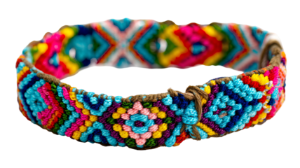 Colorful handmade friendship bracelet with vibrant woven patterns isolated in high resolution png style and transparent background feel, detailed accessory cutout ideal for craft designs, stickers