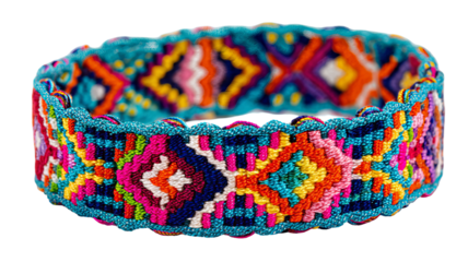 Colorful handmade friendship bracelet with vibrant woven patterns isolated in high resolution png style and transparent background feel, detailed accessory cutout ideal for craft designs, stickers