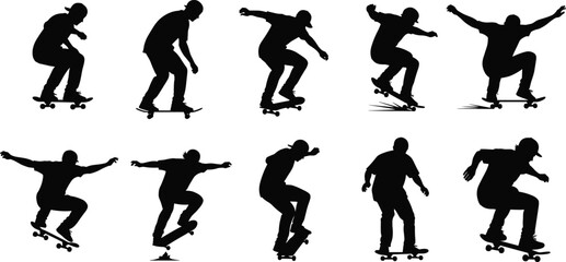 Silhouette illustration of skateboarder performing tricks and maneuvers, dynamic poses showing jumps, landings, and stunts for sports design