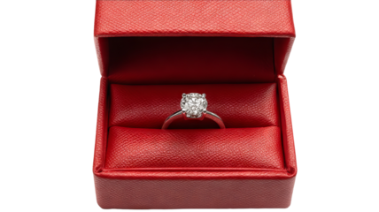 Red velvet ring box with diamond engagement ring inside isolated in high resolution png style, clean transparent background feel and crisp detailed cutout ideal for proposal branding, jewelry ads
