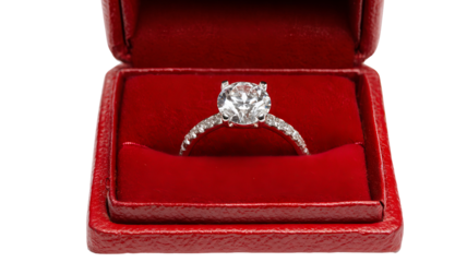 Red velvet ring box with diamond engagement ring inside isolated in high resolution png style, clean transparent background feel and crisp detailed cutout ideal for proposal branding, jewelry ads