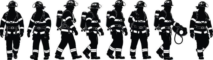Silhouette illustration of seven firefighters in protective gear with equipment, standing and walking poses for emergency safety design
