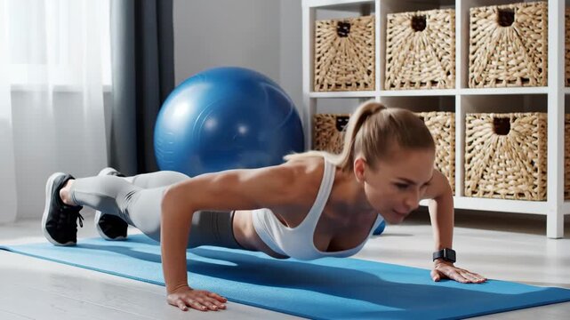 Woman Doing Push Ups on Yoga Mat in Home Gym.