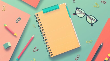 Colorful flat lay of a graphic designer workspace featuring an abstract notebook, glasses, pencils, and other stationery