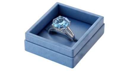 Diamond silver ring in blue gift box isolated in high resolution png style with clean transparent background feel, sparkling detailed cutout ideal for proposal branding, jewelry packaging mockups. 