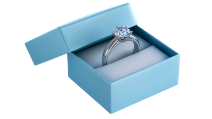 Diamond silver ring in blue gift box isolated in high resolution png style with clean transparent background feel, sparkling detailed cutout ideal for proposal branding, jewelry packaging mockups. 