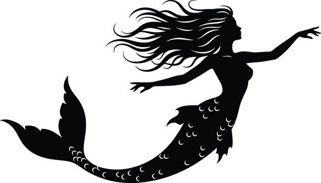 Elegant black silhouette mermaid illustration with flowing hair and detailed tail, fantasy aquatic design for mythology and decorative art