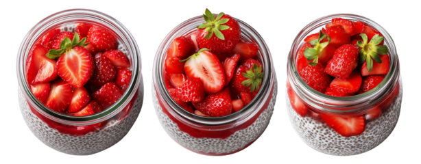 Fresh strawberry chia pudding in glass jar topped with mint leaves, isolated on white transparent background