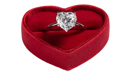 Elegant diamond ring in plush heart shaped box isolated in high resolution png style, clean transparent background feel and crisp detailed cutout ideal for proposal branding, romantic gift designs.