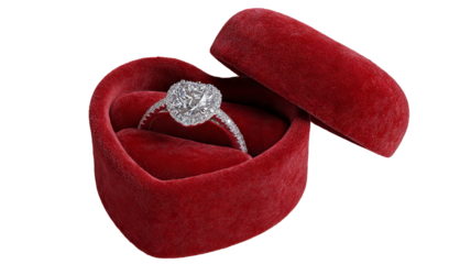 Elegant diamond ring in plush heart shaped box isolated in high resolution png style, clean transparent background feel and crisp detailed cutout ideal for proposal branding, romantic gift designs.