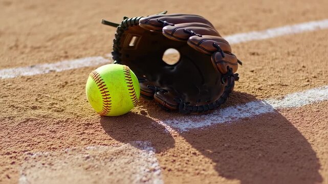 Softball Equipment on the Field Ready for the Game, Sunny Day
