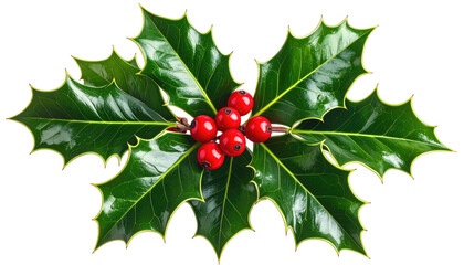 Close-up of glossy green holly leaves and red berries