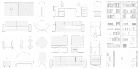 Minimalist furniture arrangement sofas bookshelves and various home decor elements
