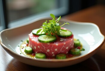 Cuba Rhythms on Plate: Elegant Tuna Tartare Artistry Surrounded by Eco-Friendly Dessert Enhancements