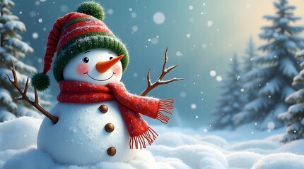 A cheerful cartoon snowman with a red scarf and striped hat stands in a snowy forest, perfect for Christmas and winter greetings.