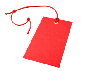 A single, rectangular red tag hangs by a red string on a black backdrop