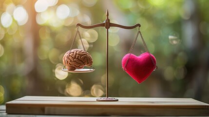 Image of heart, brain balancing on scale. Represents balance between intellect, emotions, feelings. Making decisions. Demonstrates harmony, peace, mindfulness, inner self. Suitable for psychology,
