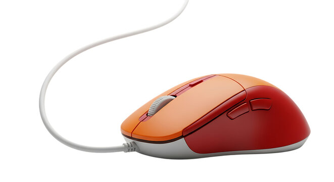 Orange and red computer mouse with white cord photographed for digital use and technology concepts - Powered by Adobe