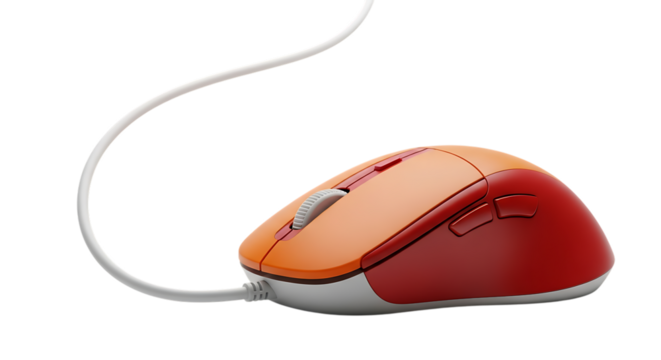 Orange and red computer mouse with white cord photographed for digital use and technology concepts - Powered by Adobe