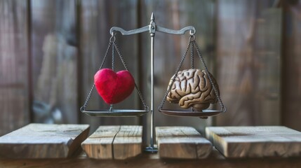 Image of heart, brain balancing on scale. Represents balance between intellect, emotions, feelings. Making decisions. Demonstrates harmony, peace, mindfulness, inner self. Suitable for psychology,