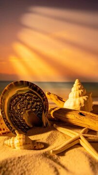 A collection of seashells and a starfish on a sandy beach under warm sun rays