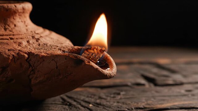 Clay oil lamp with flickering flame and smoke on rustic wood board for Christmas light