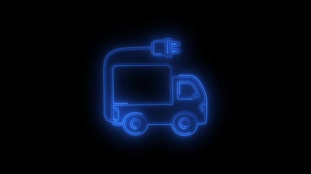Neon Electric car animated line icon. Abstract neon blue car icon animation on black background. 4K video