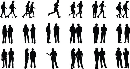 People silhouettes vector set, showing walking, running, hiking, and talking figures, suitable for sports, travel, outdoor activities, and business communication graphic design.