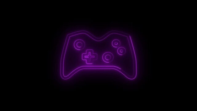Glowing pink neon gamepad icon with a glitch reveal animation on a dark background. Video game and streaming culture concept. 4k video