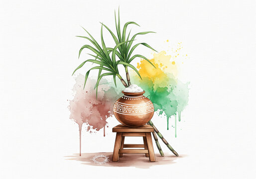 Watercolor Pongal Festival Illustration with Clay Pot and Sugarcane. AI Generated
