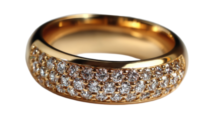 Golden ring with diamonds isolated in high resolution png style with clean transparent background feel, sparkling detailed cutout ideal for marriage proposal designs, bridal jewelry branding
