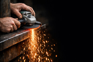 Metalworking professional grinding steel with sparks.