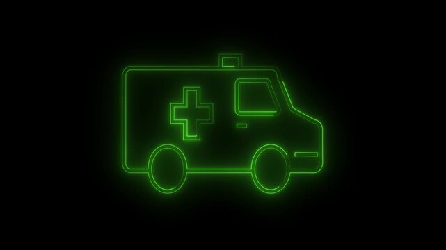Neon ambulance icon with a medical cross. Represents emergency medical services, swift healthcare, first aid and hospital transport.