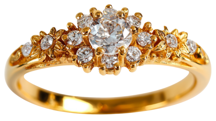 Golden ring with diamonds isolated in high resolution png style with clean transparent background feel, sparkling detailed cutout ideal for marriage proposal designs, bridal jewelry branding