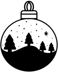 Simple Minimalist Plain Outline Bauble Christmas Decoration With Hill Christmas Tree and Snowfall in Winter Season