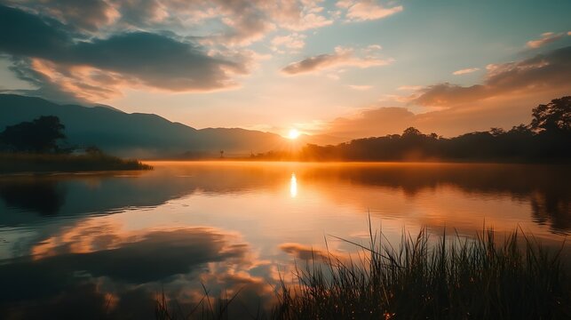 A scenic sunrise over a still lake with mountains in the background. The sun's golden rays illuminate the sky and are reflected on the water's surface, creating a mesmerizing scene.
