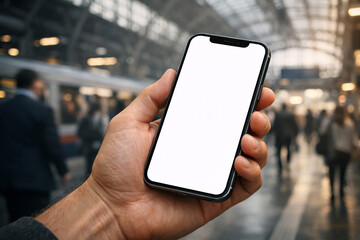 Hand holding smartphone with blank white screen in a busy train station background.