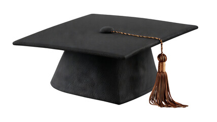 Isolated black graduation cap with golden tassel in high resolution png style, clean transparent background feel and crisp cutout ideal for education designs, graduation invitations, stickers, posters